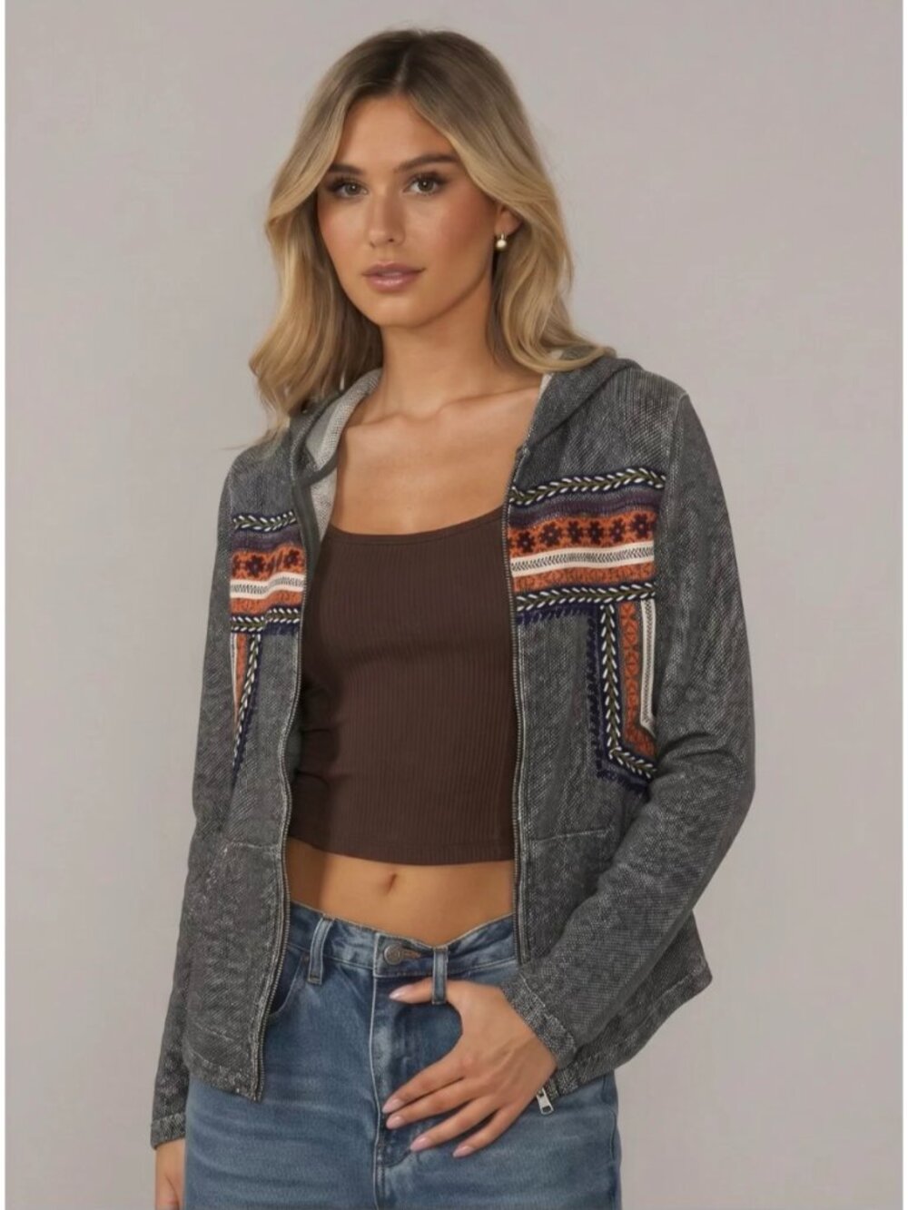 Lucky Brand Lucky Lotus Embroidered Full-Zip Hoodie